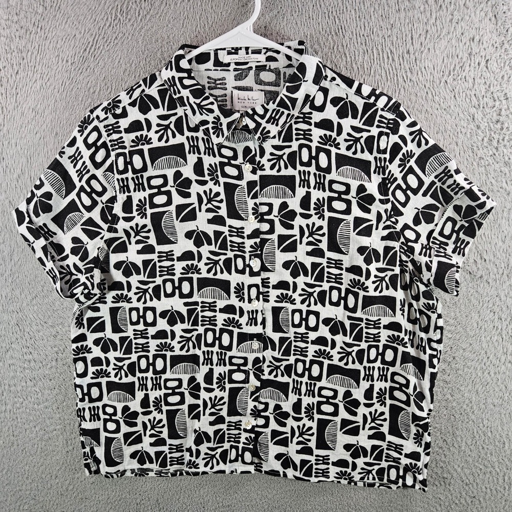 Nicole Miller New York Womens Large Linen Abstract Geometric Button Down Shirt